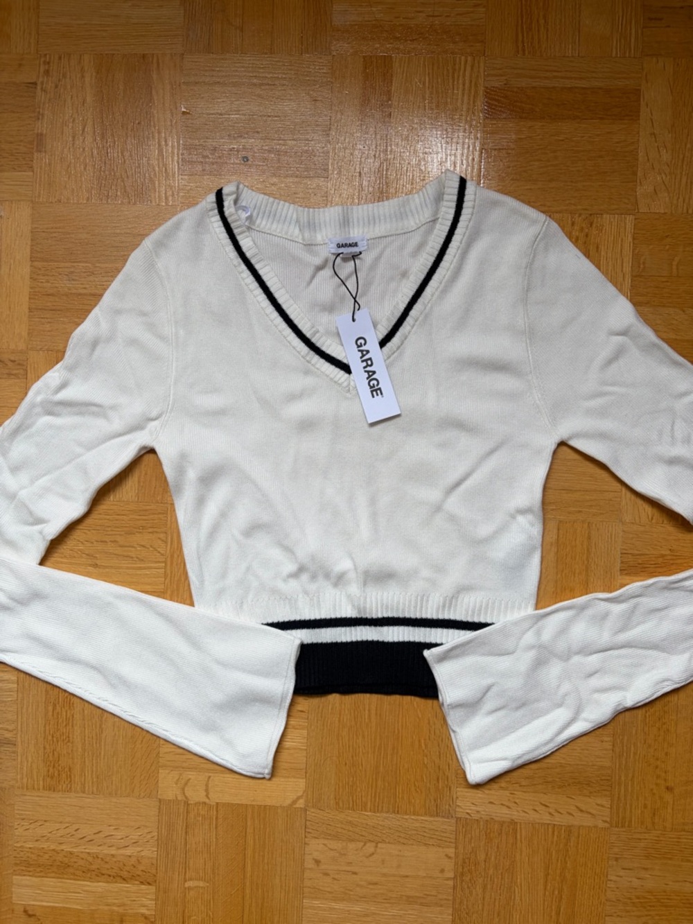 Garage White Cropped V‑Neck Sweater with Black Trim